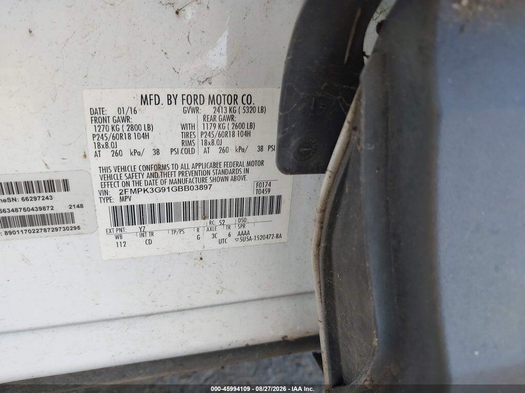 2FMPK3G91GBB03897 2016 FORD EDGE photo no. 9