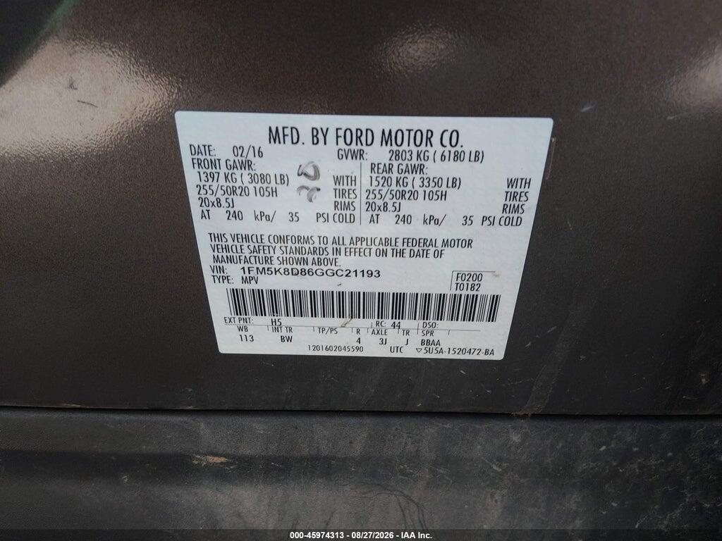 1FM5K8D86GGC21193 2016 FORD EXPLORER photo no. 9