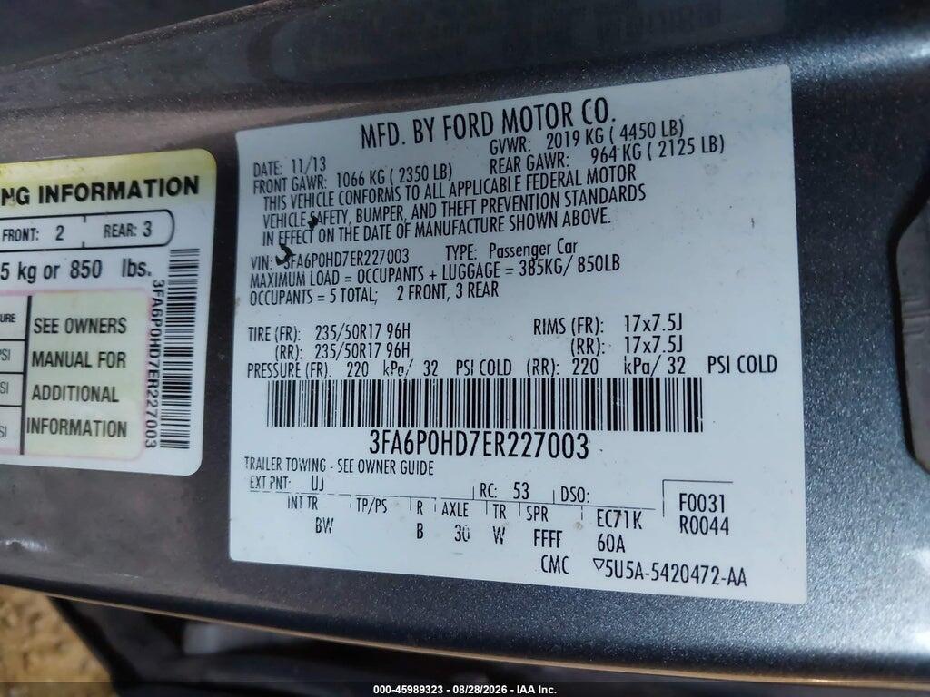 3FA6P0HD7ER227003 2014 FORD FUSION photo no. 9
