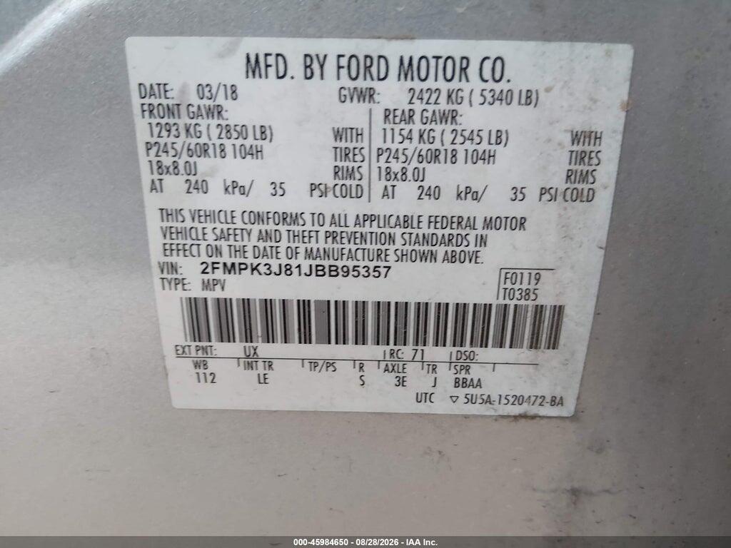 2FMPK3J81JBB95357 2018 FORD EDGE photo no. 9