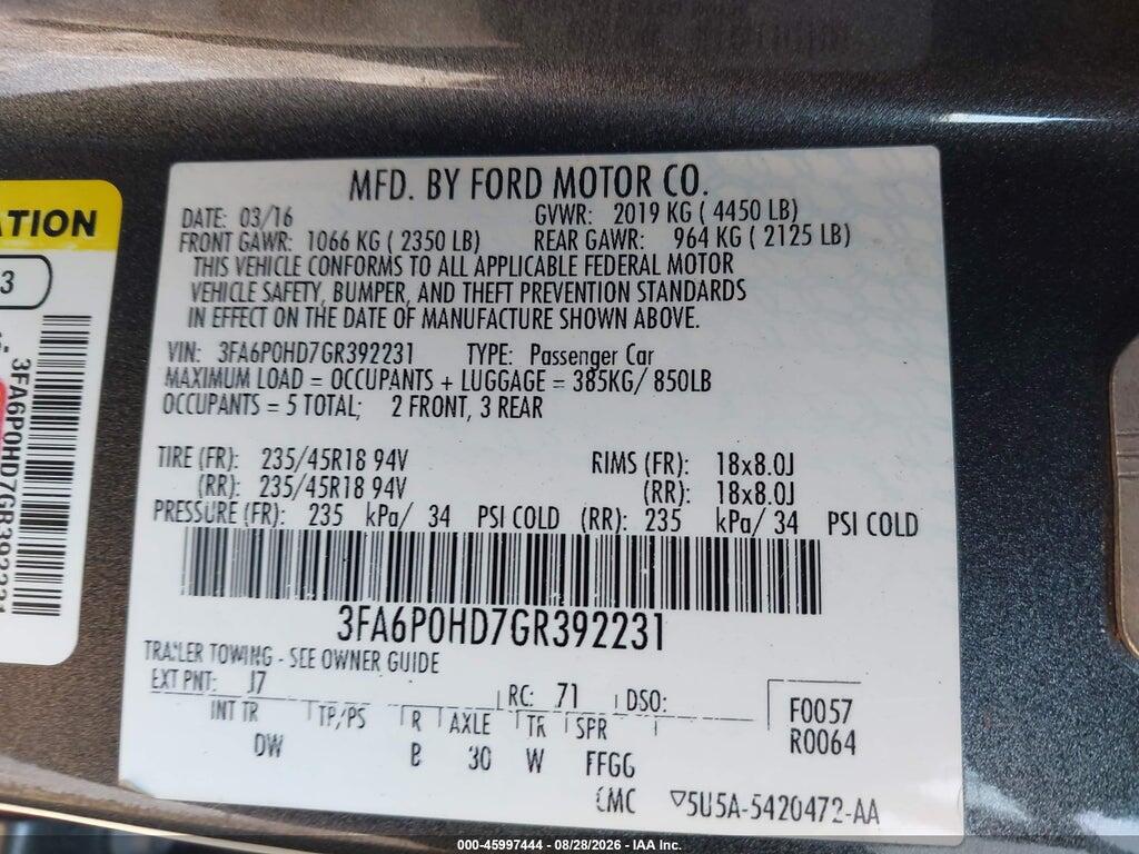 3FA6P0HD7GR392231 2016 FORD FUSION photo no. 9