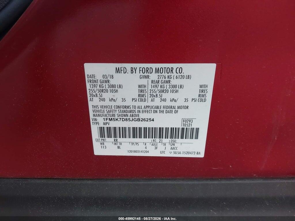 1FM5K7D85JGB26254 2018 FORD EXPLORER photo no. 9