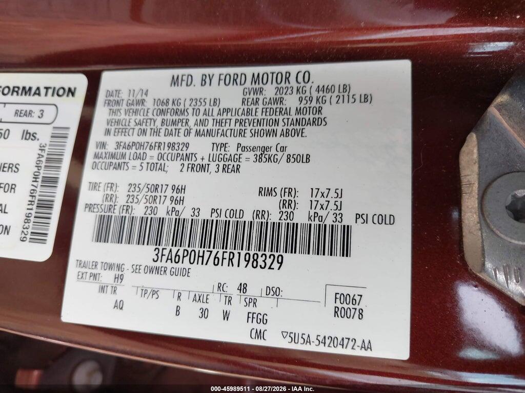 3FA6P0H76FR198329 2015 FORD FUSION photo no. 9