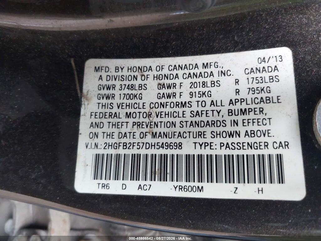 2HGFB2F57DH549698 2013 HONDA CIVIC photo no. 9