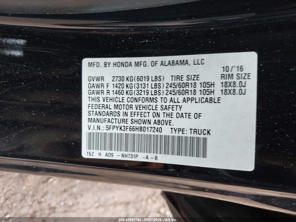5FPYK3F66HB017240 2017 HONDA RIDGELINE photo no. 9