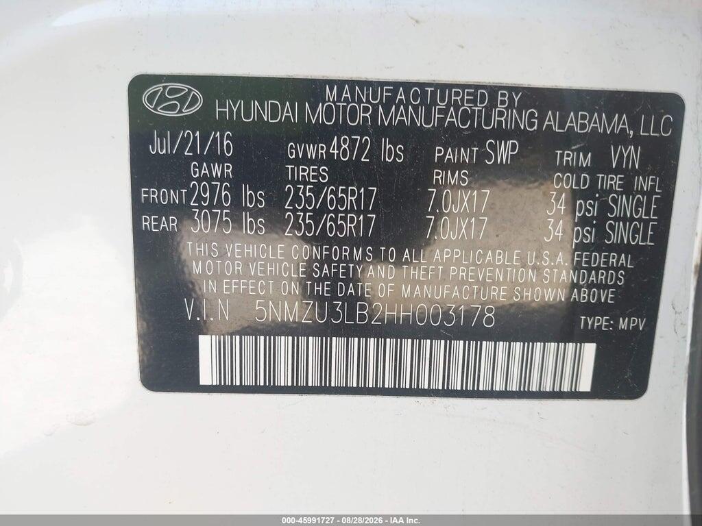 5NMZU3LB2HH003178 2017 HYUNDAI SANTA FE SPORT photo no. 9
