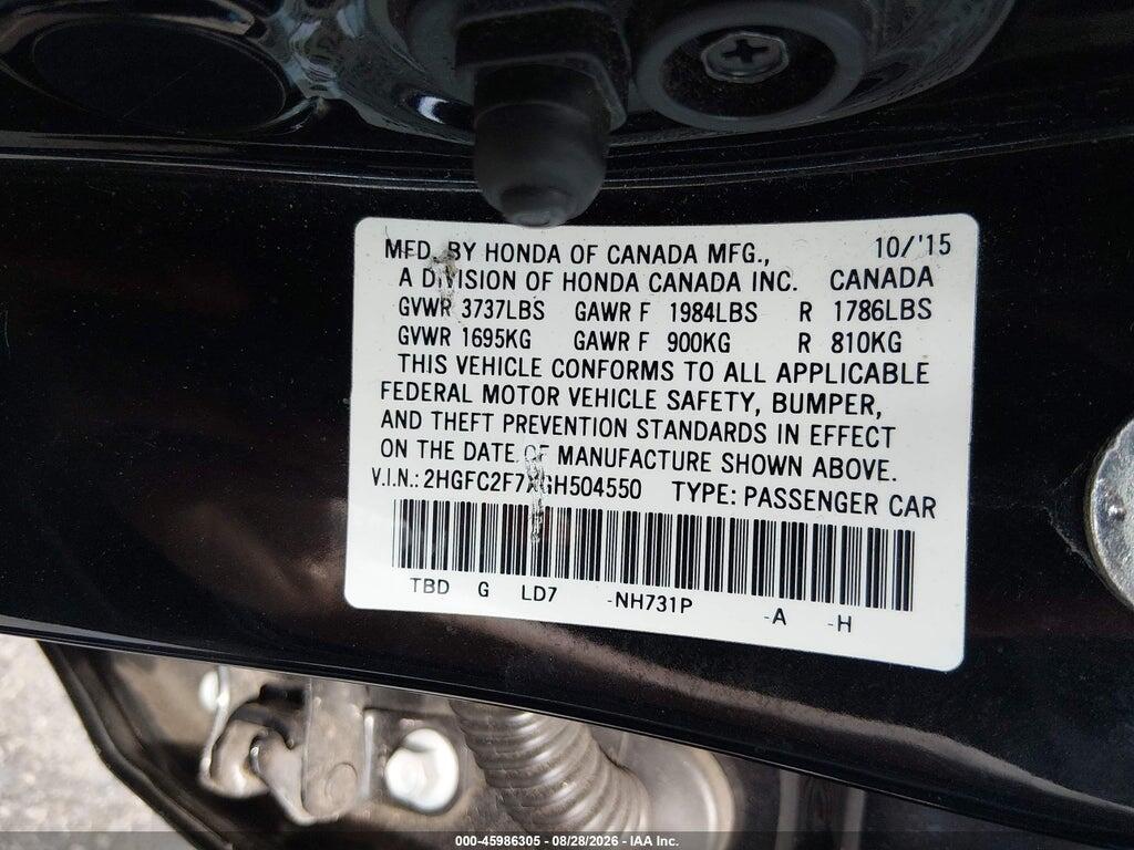 2HGFC2F7XGH504550 2016 HONDA CIVIC photo no. 9