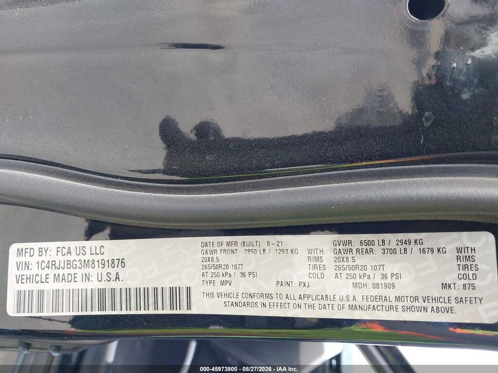 1C4RJJBG3M8191876 2021 JEEP GRAND CHEROKEE L photo no. 9