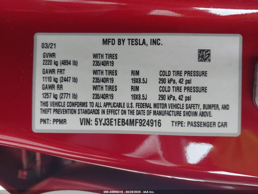 5YJ3E1EB4MF924916 2021 TESLA MODEL 3 photo no. 9