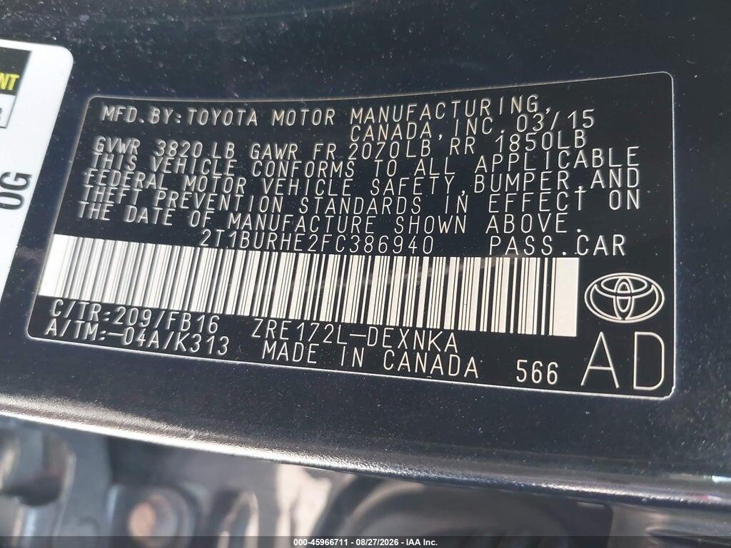 2T1BURHE2FC386940 2015 TOYOTA COROLLA photo no. 9