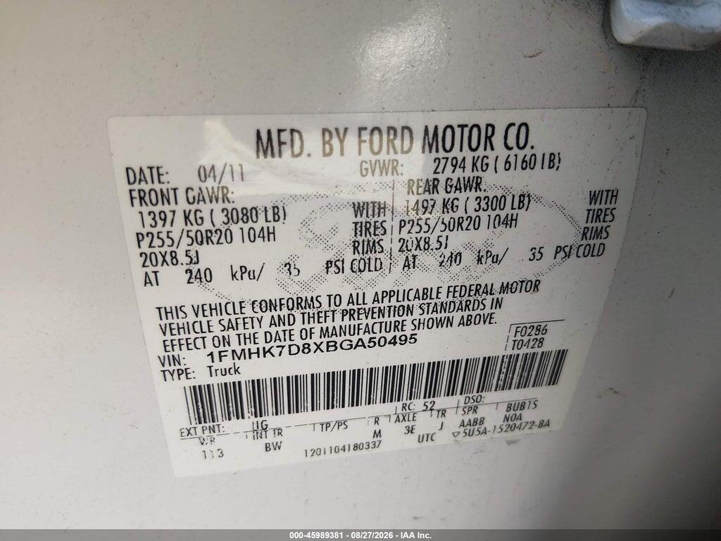 1FMHK7D8XBGA50495 2011 FORD EXPLORER photo no. 9