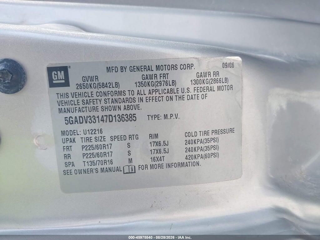 5GADV33147D136385 2007 BUICK TERRAZA photo no. 9