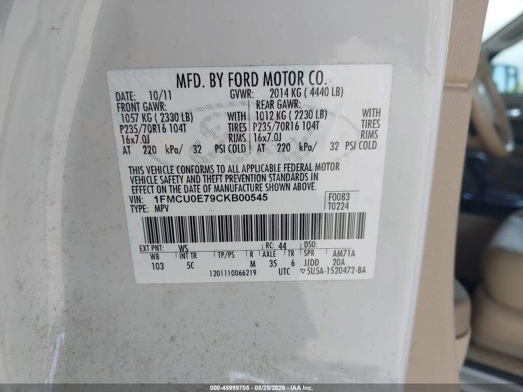 1FMCU0E79CKB00545 2012 FORD ESCAPE photo no. 9