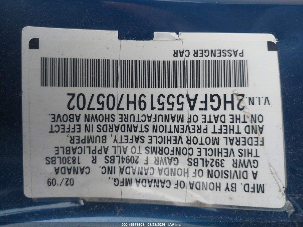2HGFA55519H705702 2009 HONDA CIVIC photo no. 9