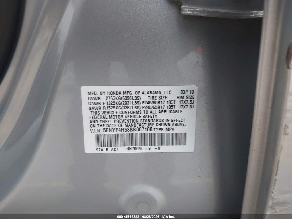 5FNYF4H58BB007100 2011 HONDA PILOT photo no. 9