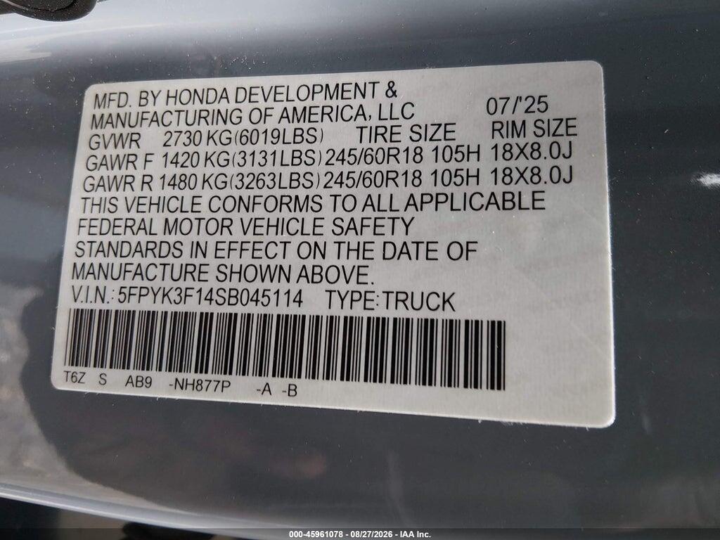 5FPYK3F14SB045114 2025 HONDA RIDGELINE photo no. 9