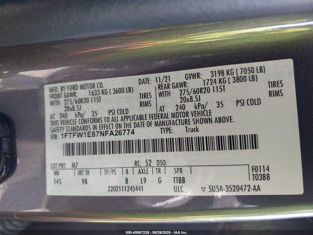 1FTFW1E87NFA26774 2022 FORD F-150 photo no. 9