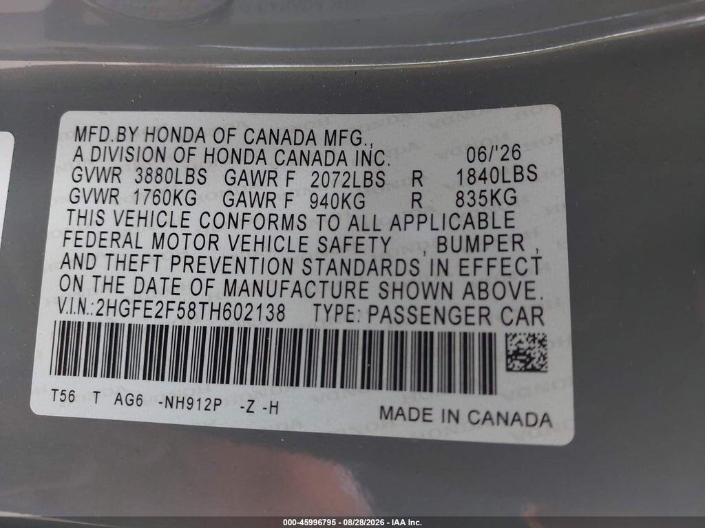 2HGFE2F58TH602138 2026 HONDA CIVIC photo no. 9