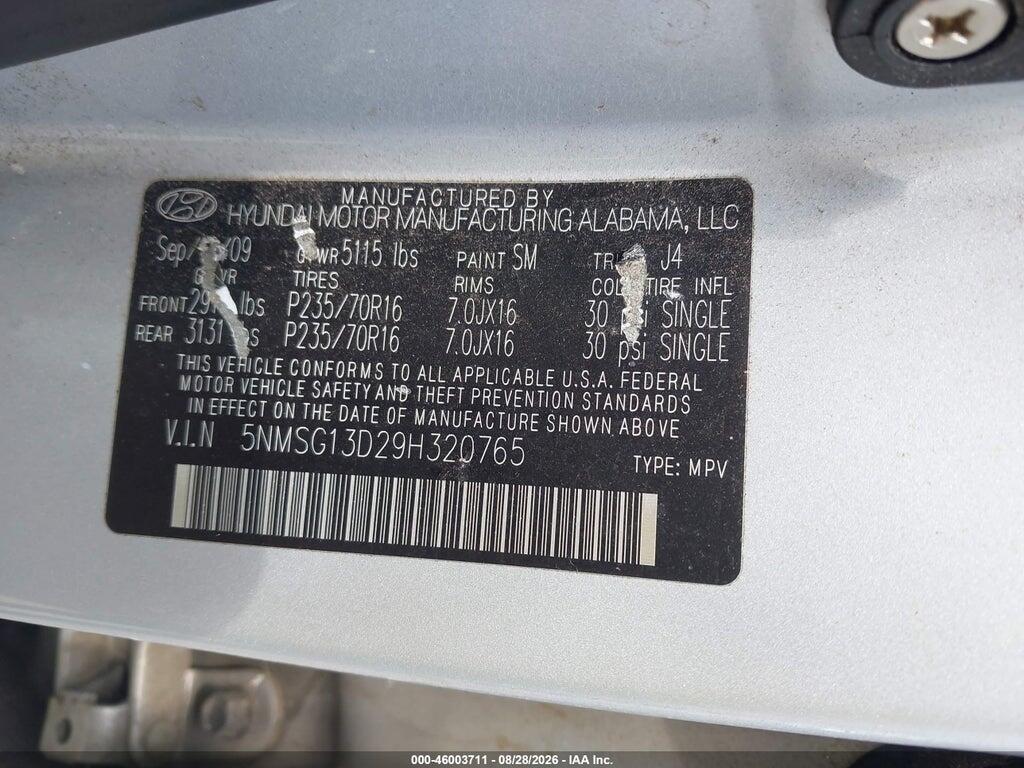 5NMSG13D29H320765 2009 HYUNDAI SANTA FE photo no. 9