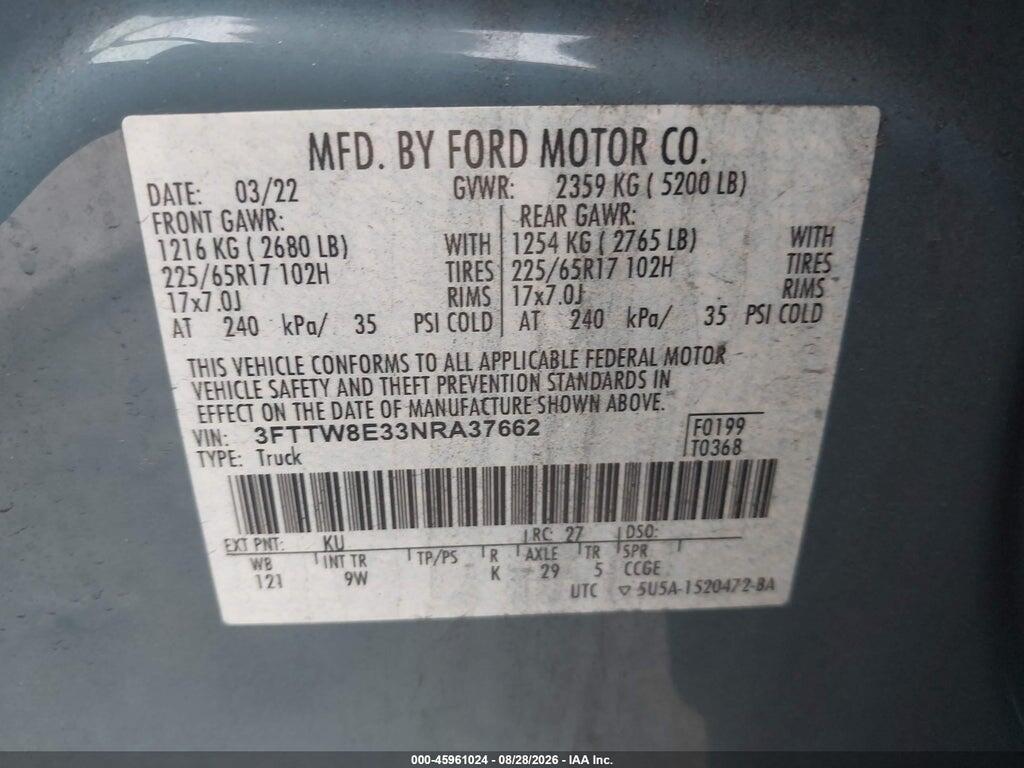 3FTTW8E33NRA37662 2022 FORD MAVERICK photo no. 9