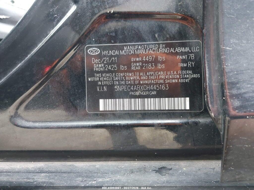 5NPEC4ABXCH445163 2012 HYUNDAI SONATA photo no. 9