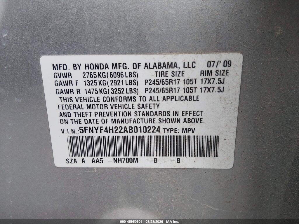 5FNYF4H22AB010224 2010 HONDA PILOT photo no. 9