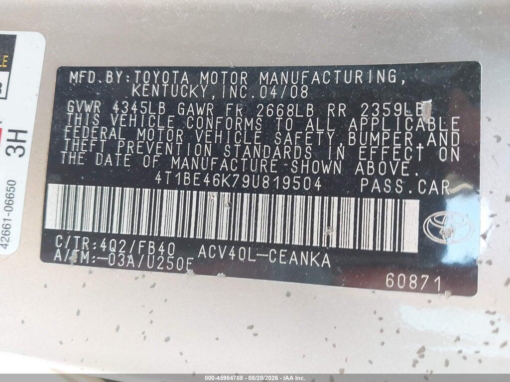4T1BE46K79U819504 2009 TOYOTA CAMRY photo no. 9