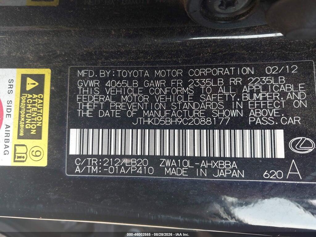 JTHKD5BH9C2088177 2012 LEXUS CT 200H photo no. 9