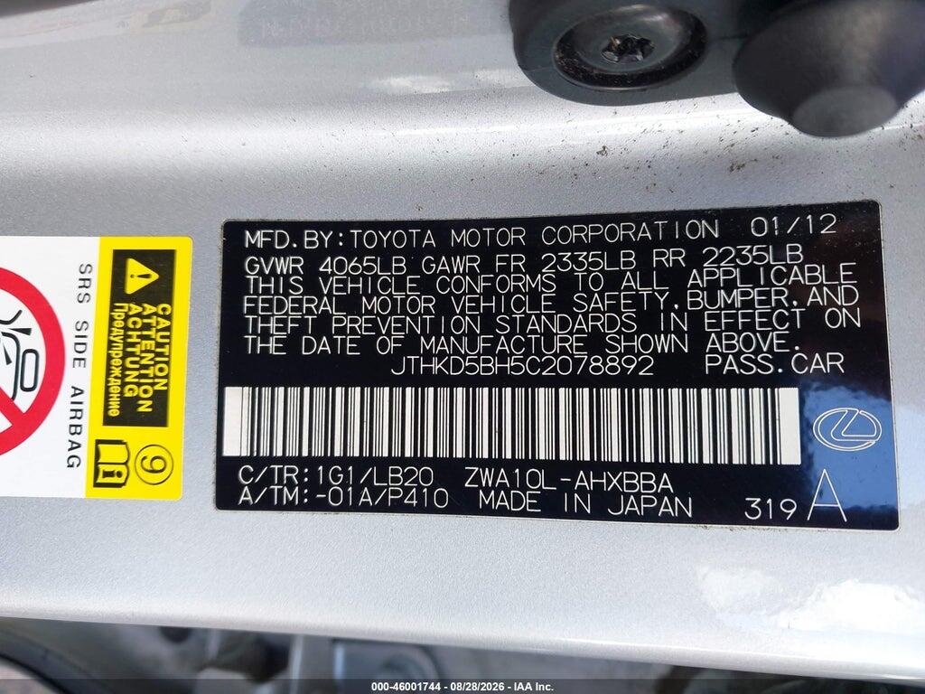 JTHKD5BH5C2078892 2012 LEXUS CT 200H photo no. 9