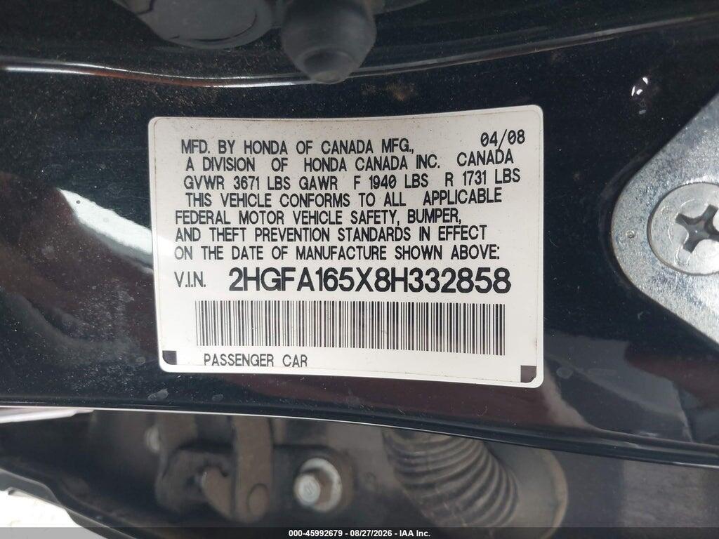 2HGFA165X8H332858 2008 HONDA CIVIC photo no. 9