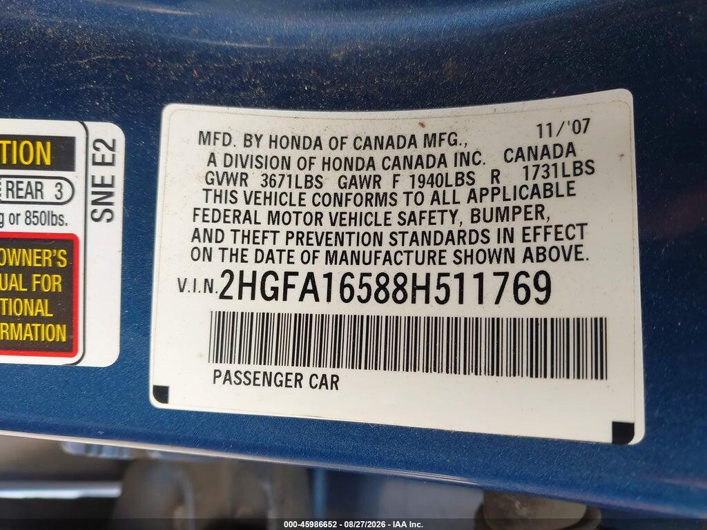 2HGFA16588H511769 2008 HONDA CIVIC photo no. 9