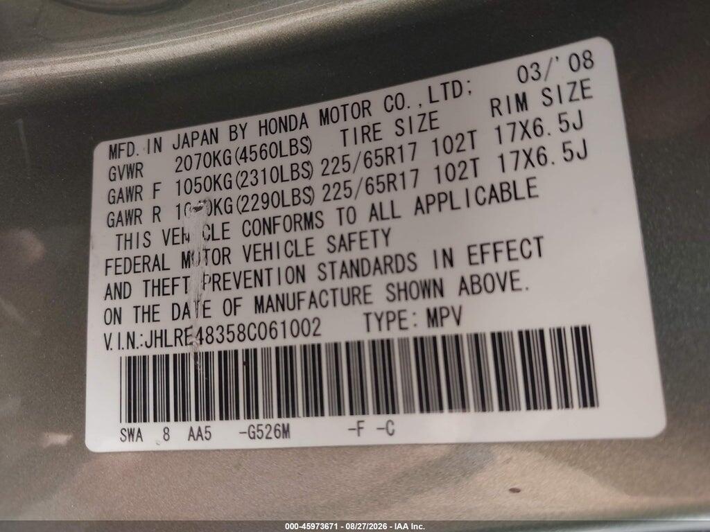 JHLRE48358C061002 2008 HONDA CR-V photo no. 9