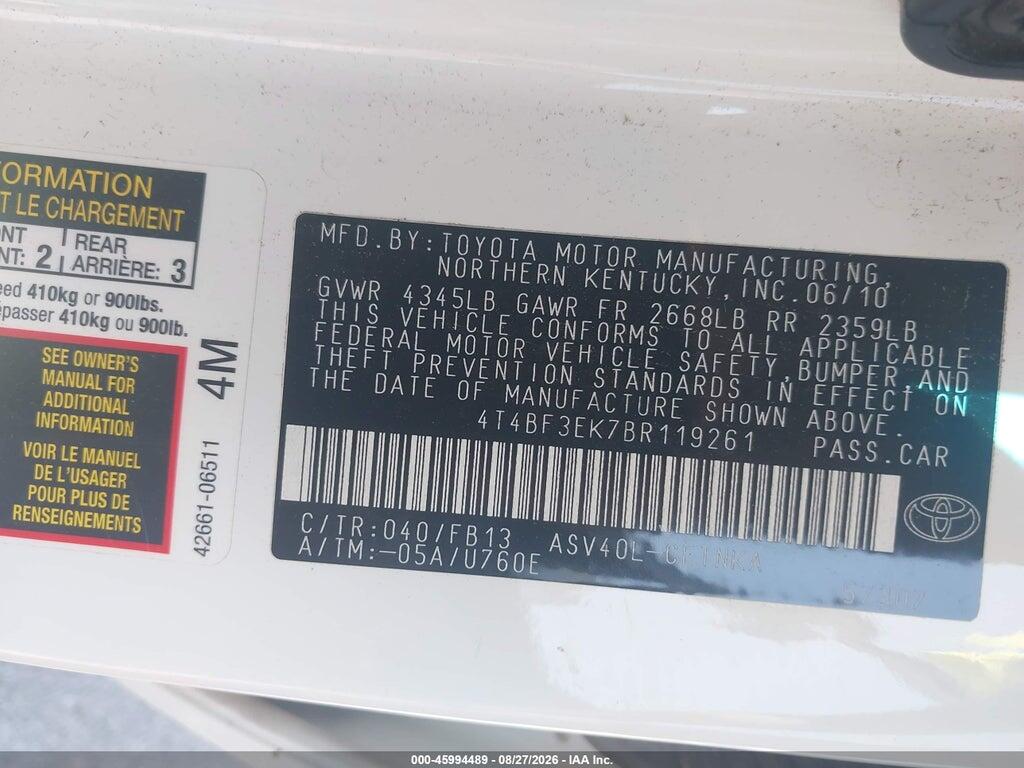 4T4BF3EK7BR119261 2011 TOYOTA CAMRY photo no. 9