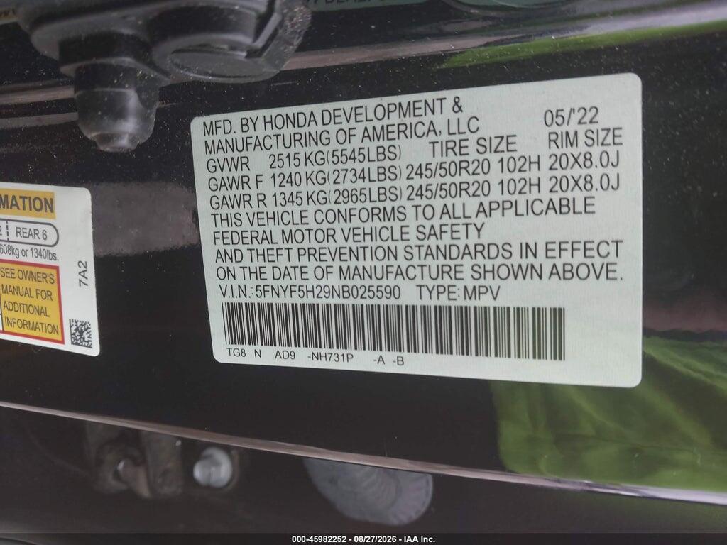 5FNYF5H29NB025590 2022 HONDA PILOT photo no. 9