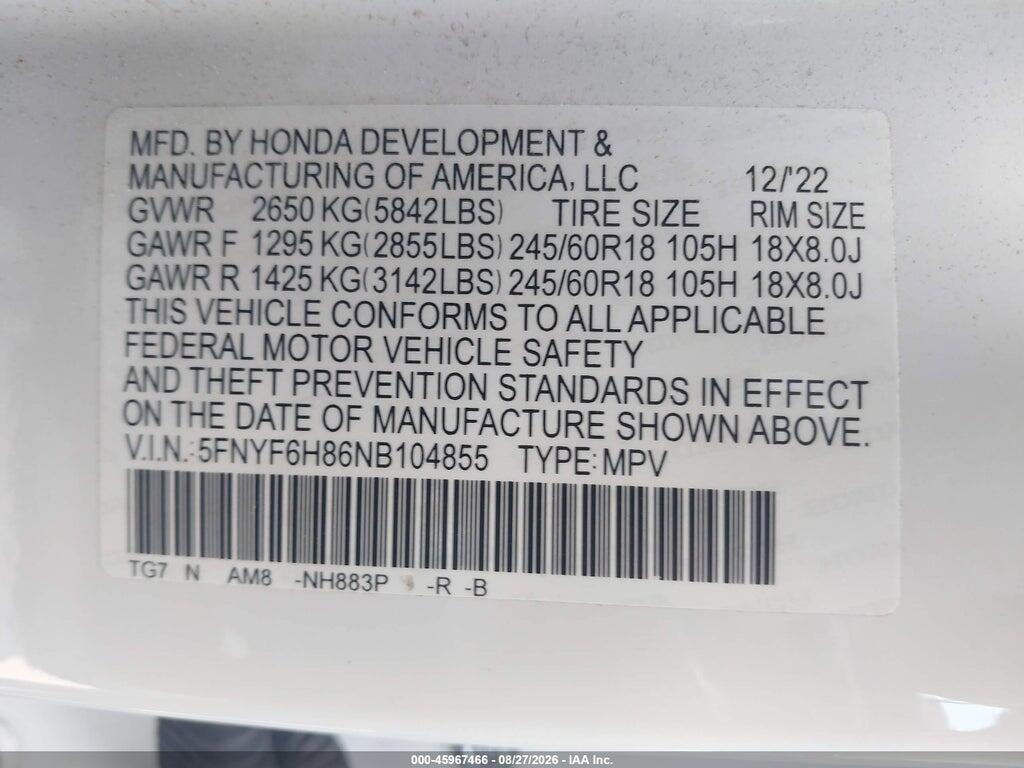 5FNYF6H86NB104855 2022 HONDA PILOT photo no. 9