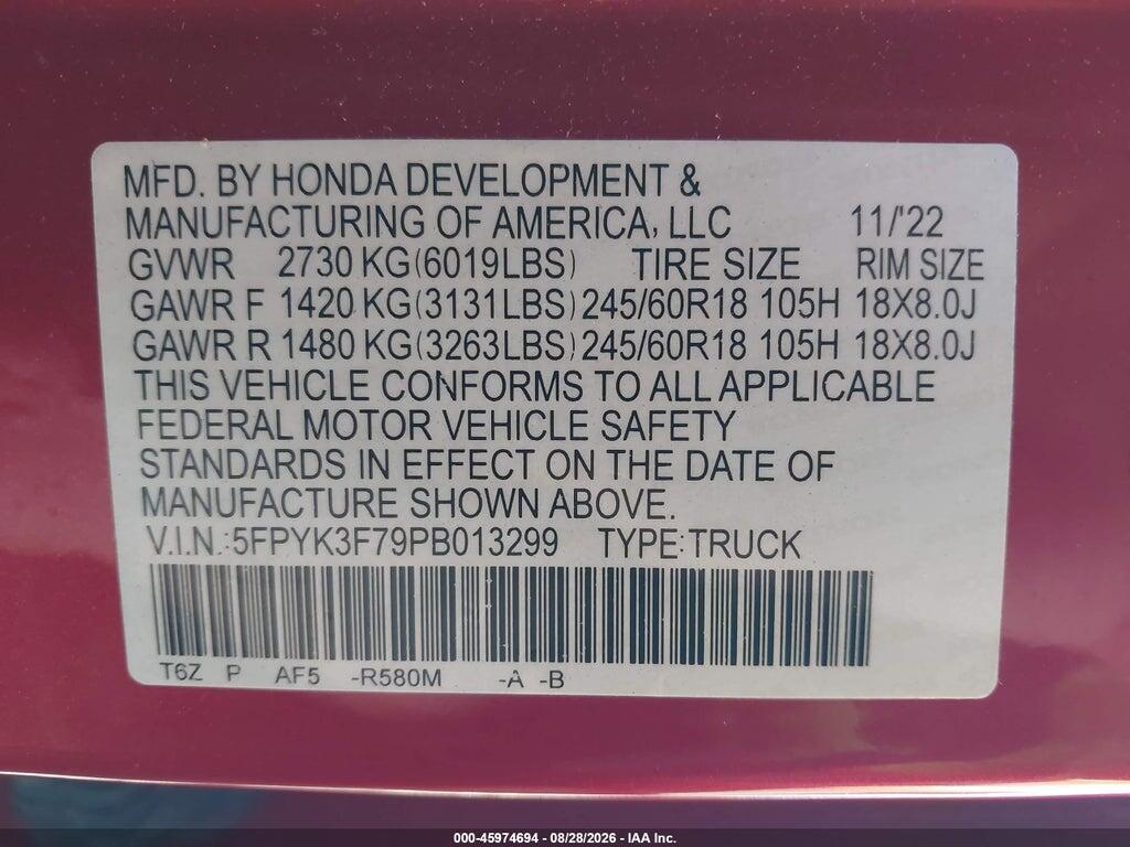 5FPYK3F79PB013299 2023 HONDA RIDGELINE photo no. 9