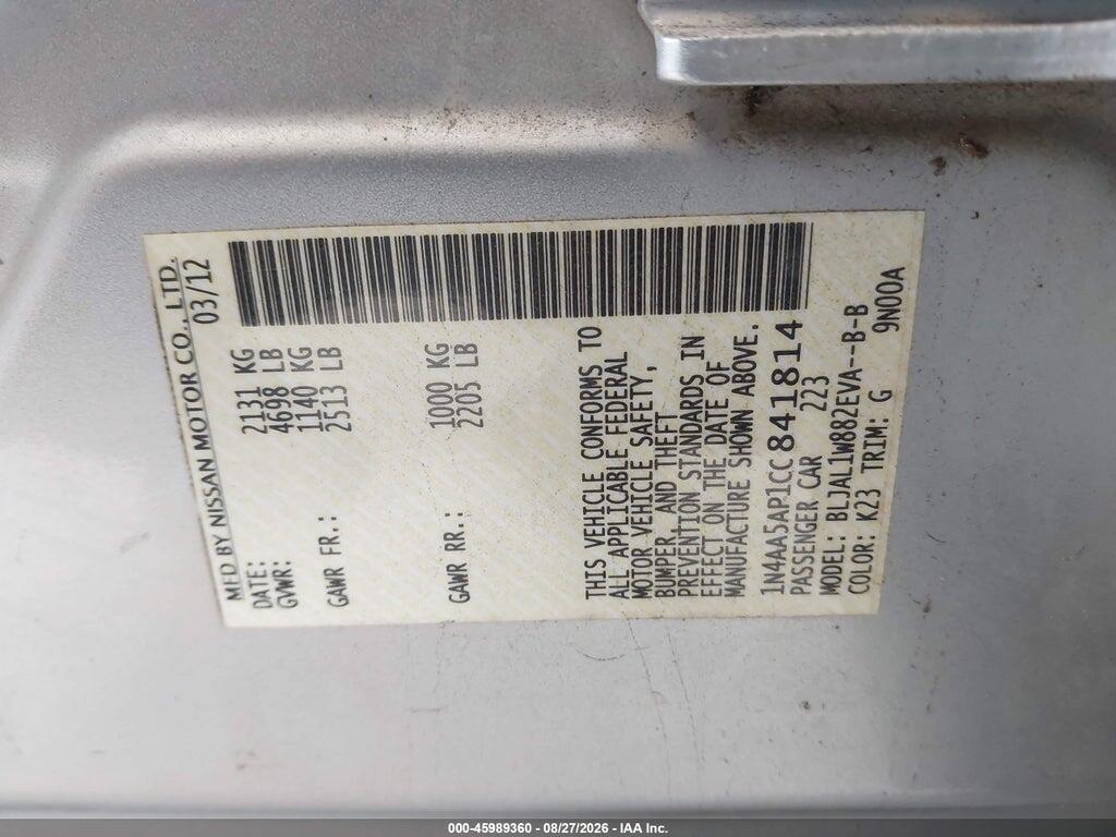 1N4AA5AP1CC841814 2012 NISSAN MAXIMA photo no. 9