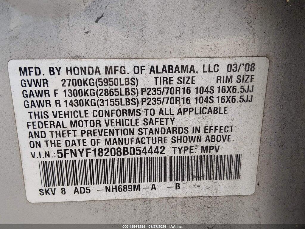 5FNYF18208B054442 2008 HONDA PILOT photo no. 9