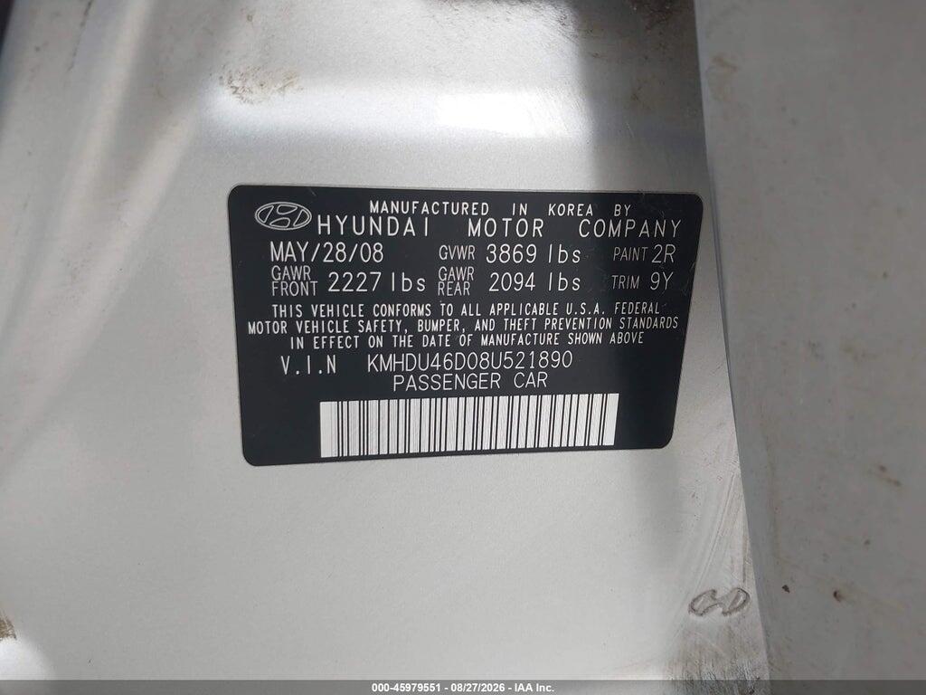 KMHDU46D08U521890 2008 HYUNDAI ELANTRA photo no. 9