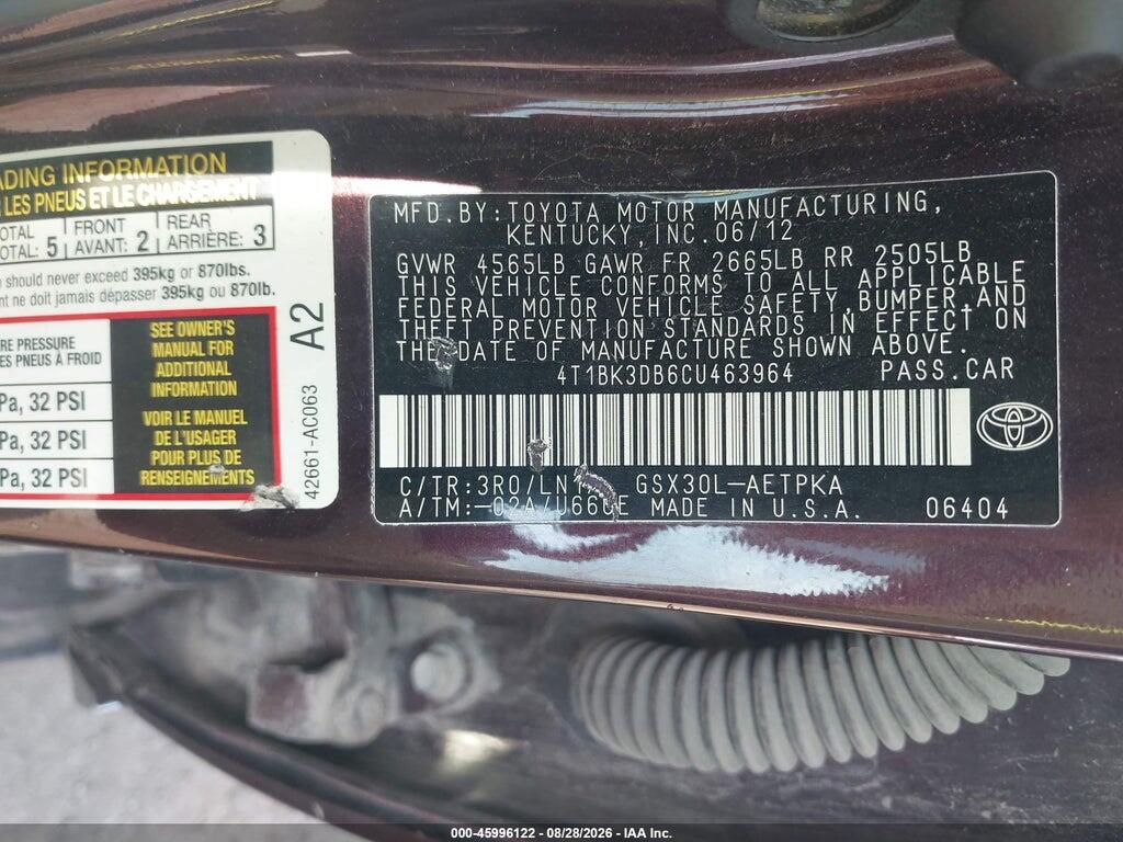 4T1BK3DB6CU463964 2012 TOYOTA AVALON photo no. 9