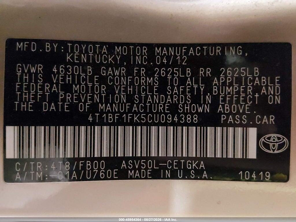 4T1BF1FK5CU094388 2012 TOYOTA CAMRY photo no. 9