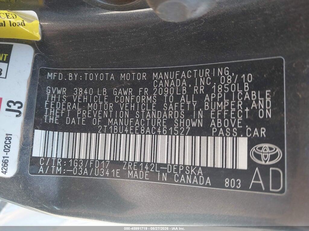 2T1BU4EE8AC461527 2010 TOYOTA COROLLA photo no. 9