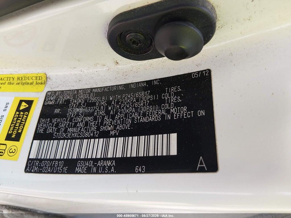 5TDZK3EHXCS080412 2012 TOYOTA HIGHLANDER photo no. 9