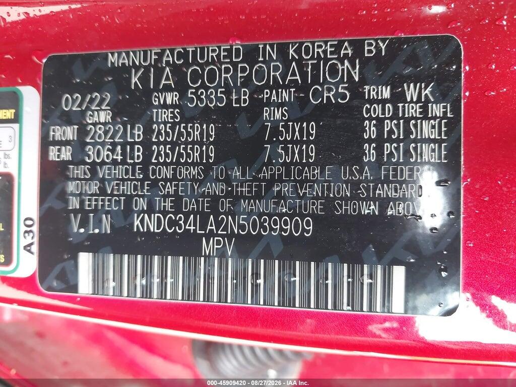 KNDC34LA2N5039909 2022 KIA EV6 photo no. 9