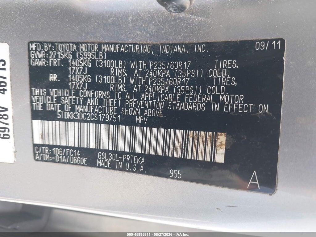 5TDKK3DC2CS179751 2012 TOYOTA SIENNA photo no. 9