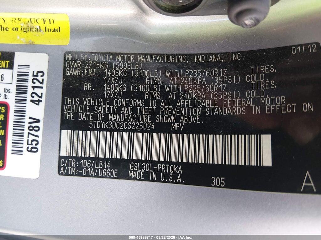 5TDYK3DC2CS225024 2012 TOYOTA SIENNA photo no. 9