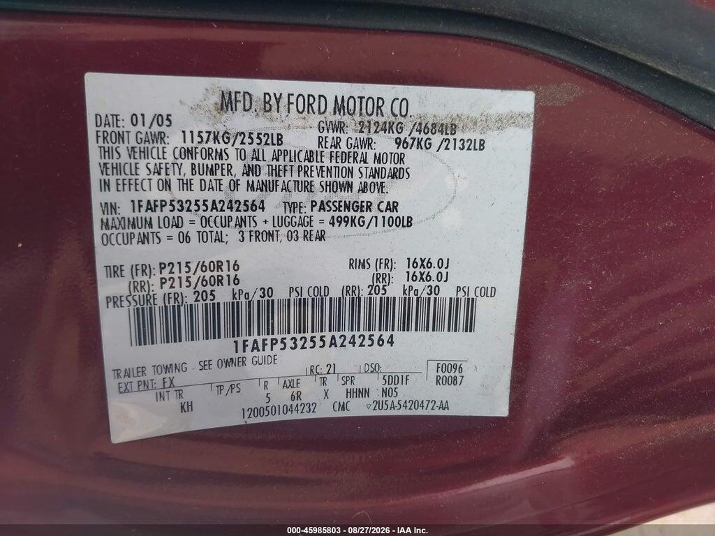 1FAFP53255A242564 2005 FORD TAURUS photo no. 9