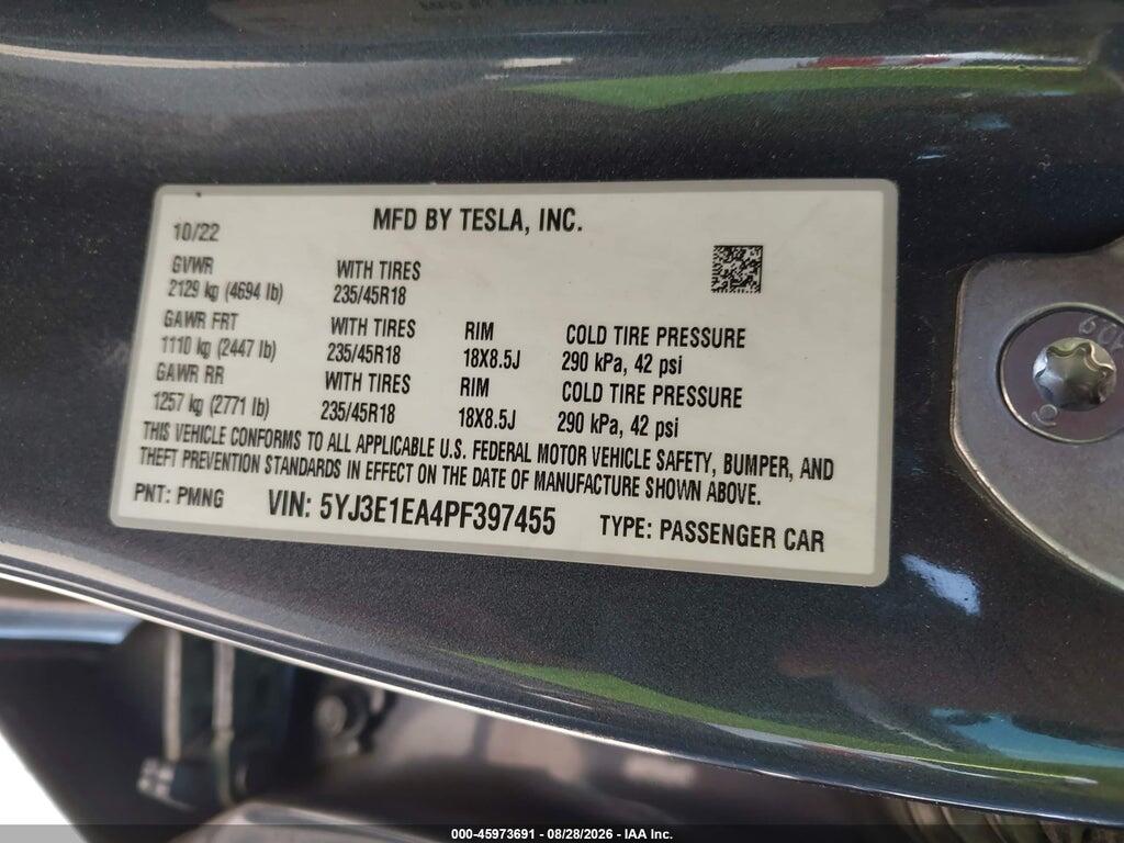 5YJ3E1EA4PF397455 2023 TESLA MODEL 3 photo no. 9