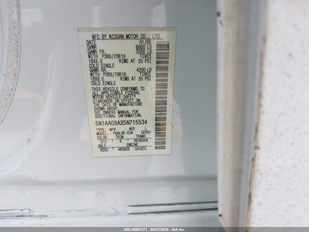 5N1AA08AX5N715534 2005 NISSAN ARMADA photo no. 9