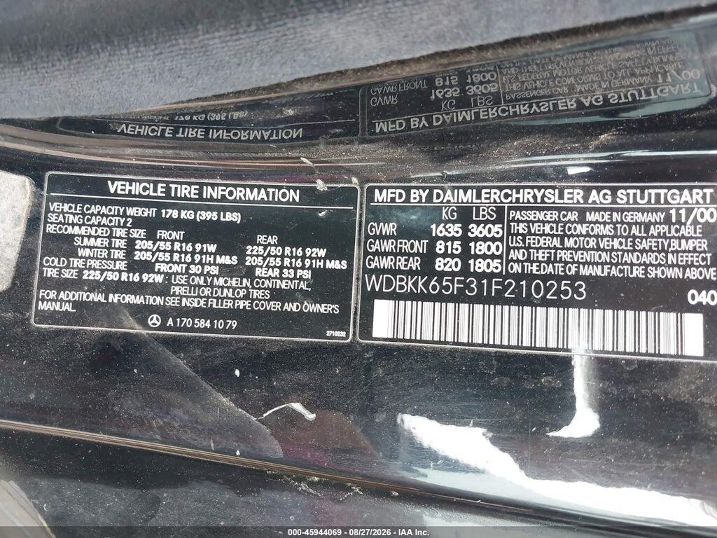WDBKK65F31F210253 2001 MERCEDES-BENZ SLK 320 photo no. 9